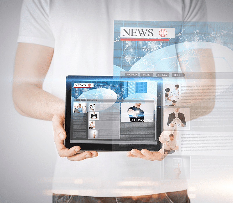 A man holding a tablet displaying news, showcasing PR services.