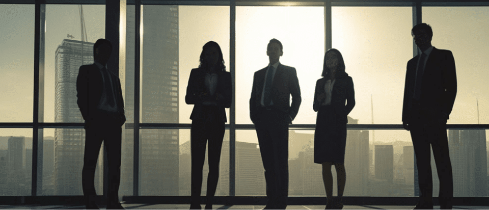 Silhouettes of business people standing together in front of a window.