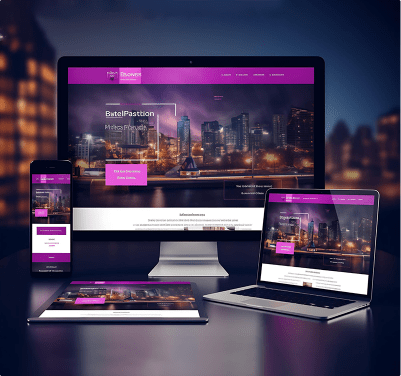 Three devices - a laptop, tablet, and phone - are showcasing a purple website.