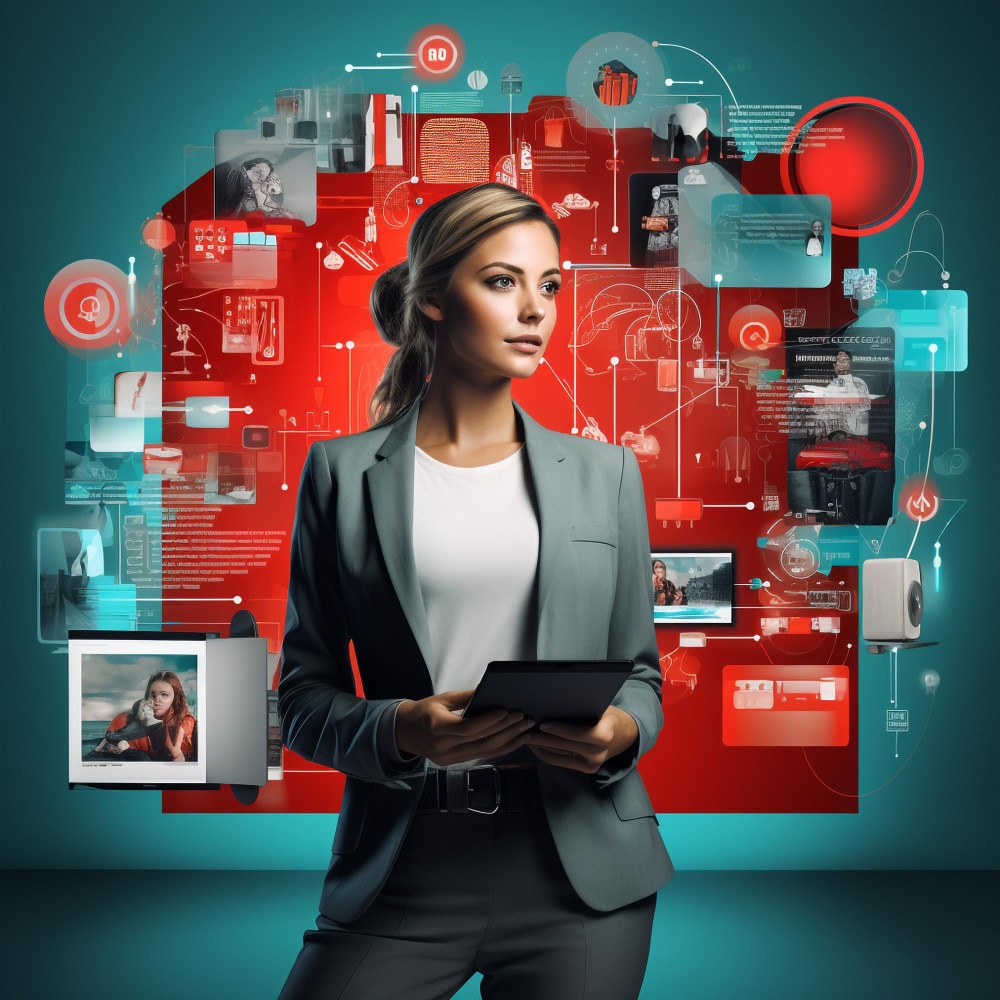 A business woman is holding a tablet computer in front of a red background.