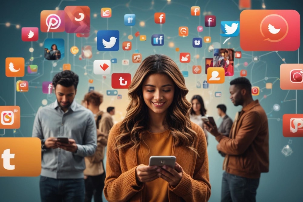 A woman looking at social media icons on her phone.